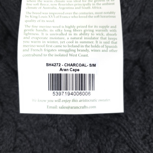 Aran Crafts Cape Womens Small Medium Charcoal Merino Wool Cable Knit Pullover - Picture 3 of 7